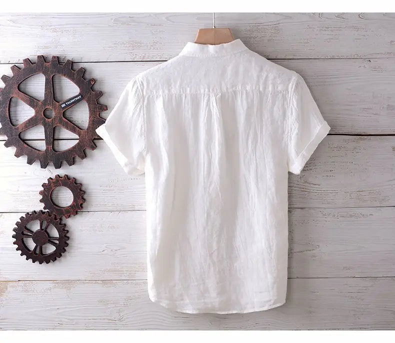 Linen Short Sleeved Shirt for Men, Trendy Japanese Retro Solid Color Summer Thin Casual Loose Cool Shirt Top