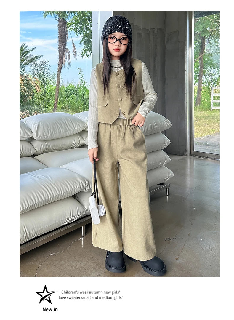Design junior girls clothes set Round neck vest+cotton t-shirt+Wide leg pants 3pcs teenage kids clothing suit chidren outfits 14