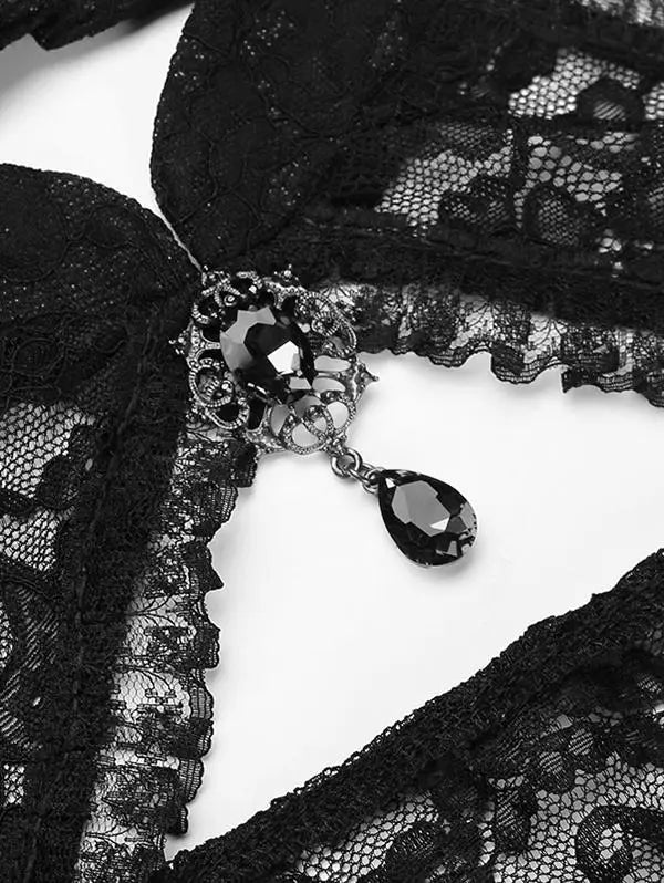 Gothic Crop Tops for Women, Black Flare Sleeves Floral Paisley Lace Panel Cut Out Halloween Shurg Top