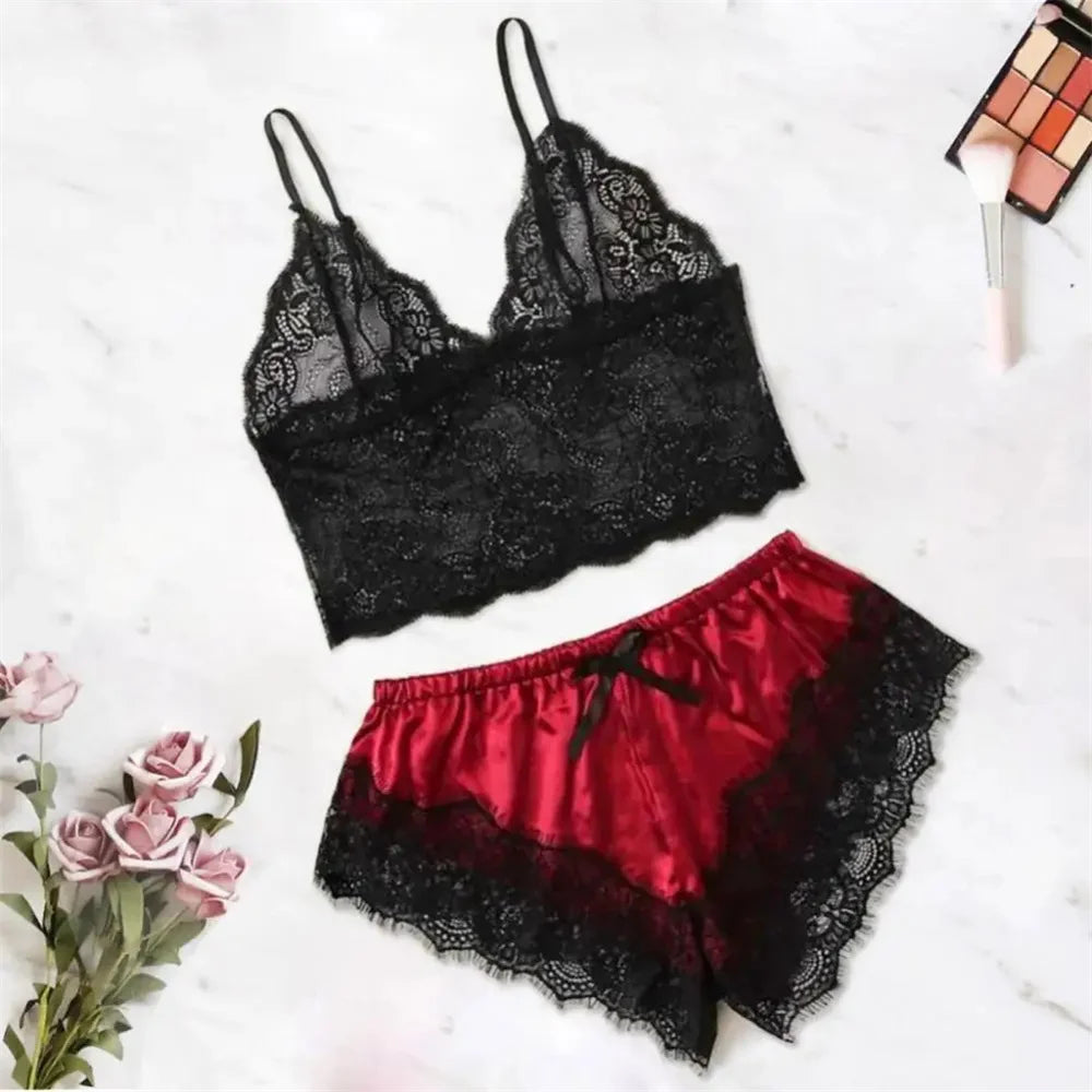 Women Pajamas Set Sexy Satin Lace Sleepwear Lingerie Ladies Elastic Suspender Shorts Nightwear Suits Sleeveless Underwear Tops
