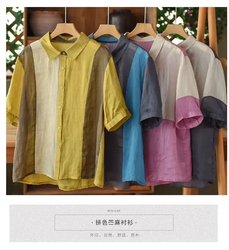 Cotton and Linen Shirt for Women Fashionable and Versatile Cardigan Lapel Top Thin Blouse Patchwork Casual Chic Female Clothes