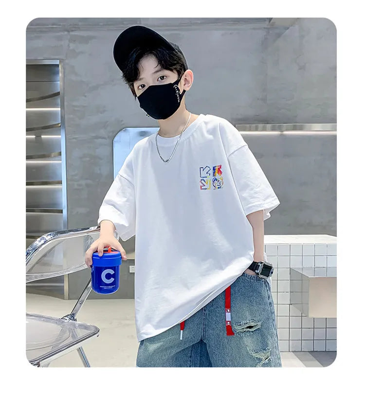 Kids Summer Clothes T-shirt for Boy Short Sleeve Cotton Tshirt Outfits Teenage Children Cartoon Print Clothing Age 5 To 14 Years