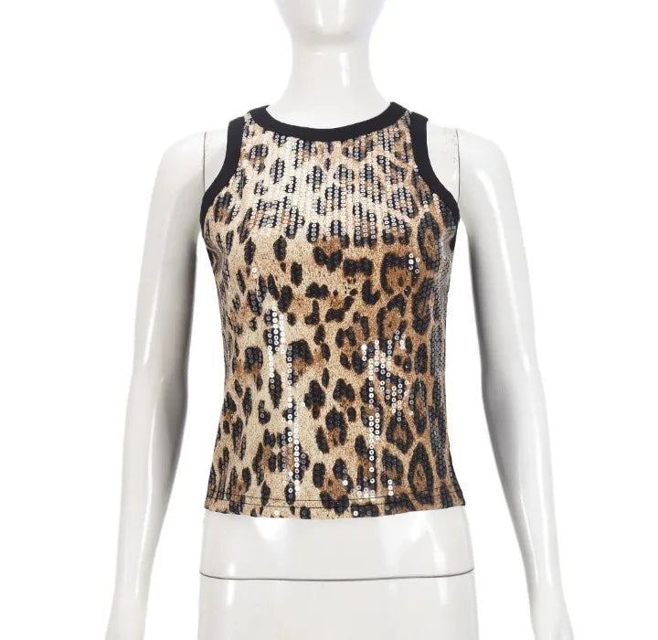 Tank Top for Women 2025 Summer New Pearl Leopard Print Small Sleeveless T-shirt Sexy Exposed Navel and Waist Color Blocked Vest