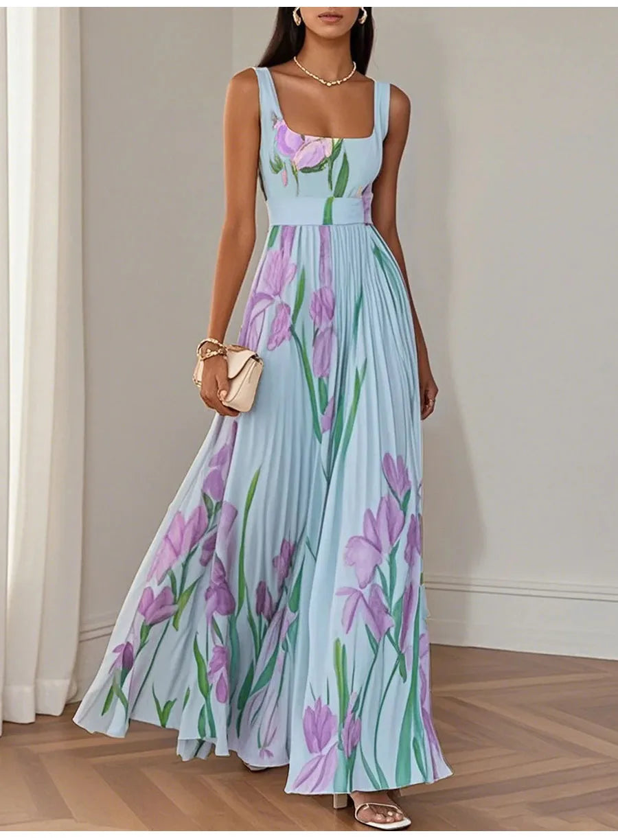 Sexy Flower Print Long Dress Women Summer 2025 Fashion Sleeveless Strap Maxi Dresses Elegant