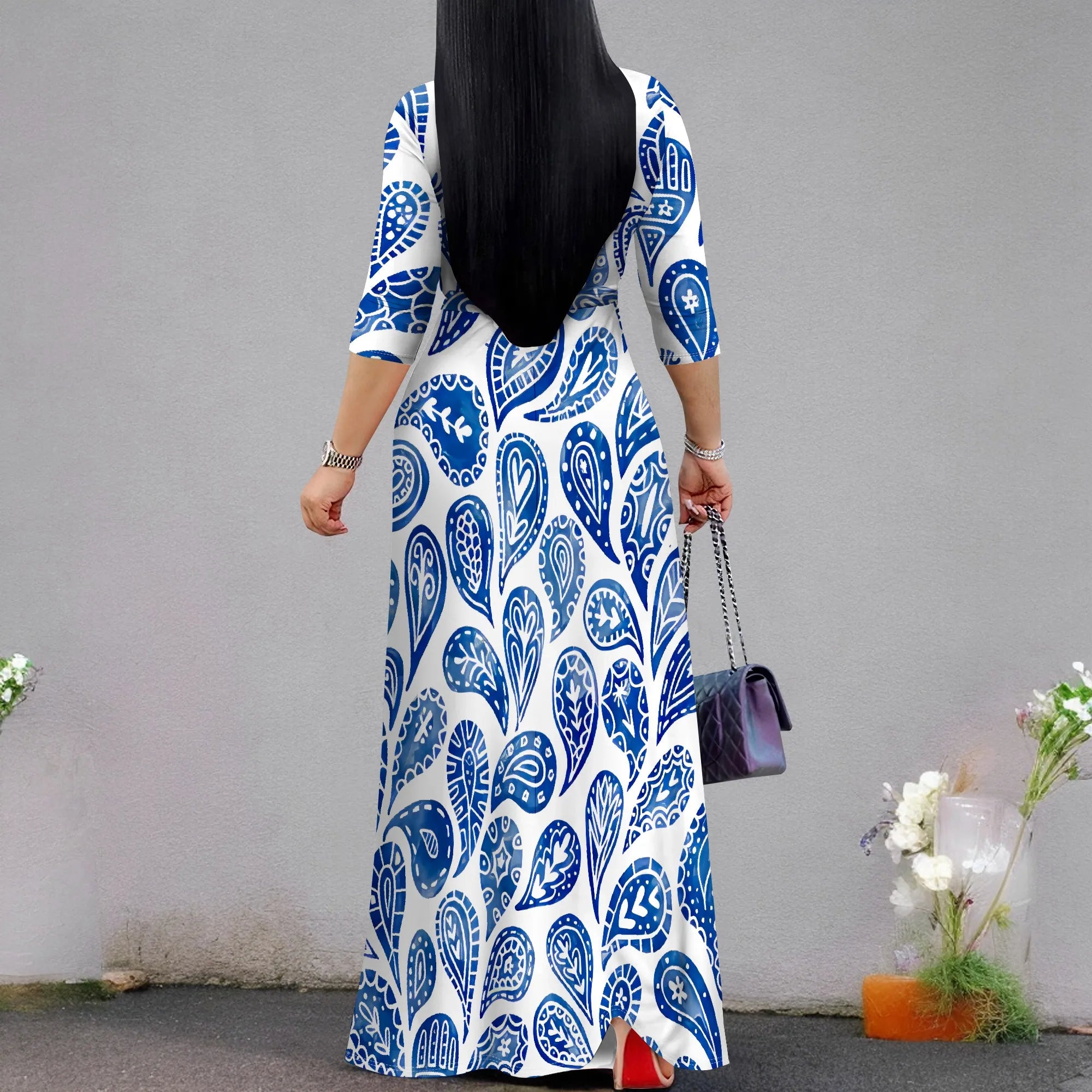 Plus Size Dresses for Women Print Maxi Dresses Flowy 3/4 Sleeve with Belt