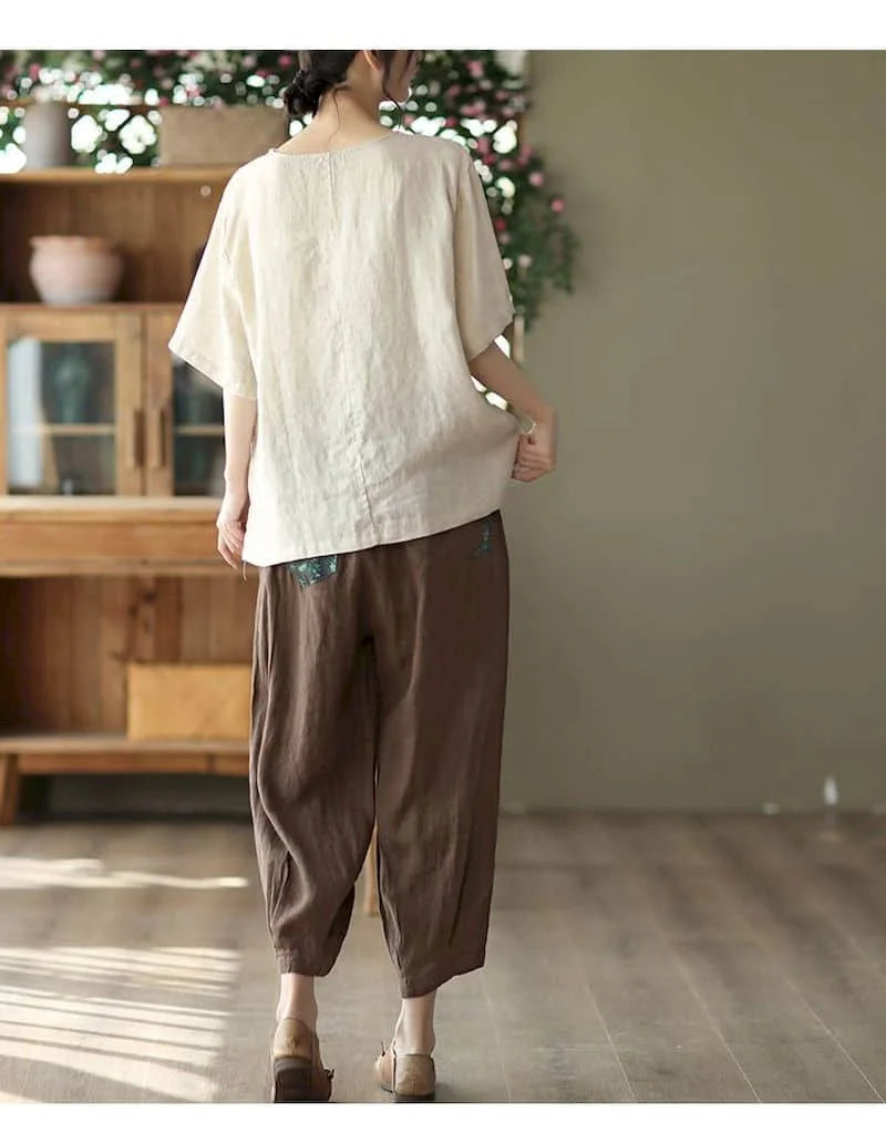 Cotton Linen T Shirts Women Fashion Vintage Art Printed T-shirt Casual Loose O-neck Short Sleeve Tops Summer Trend Thin Tshirt