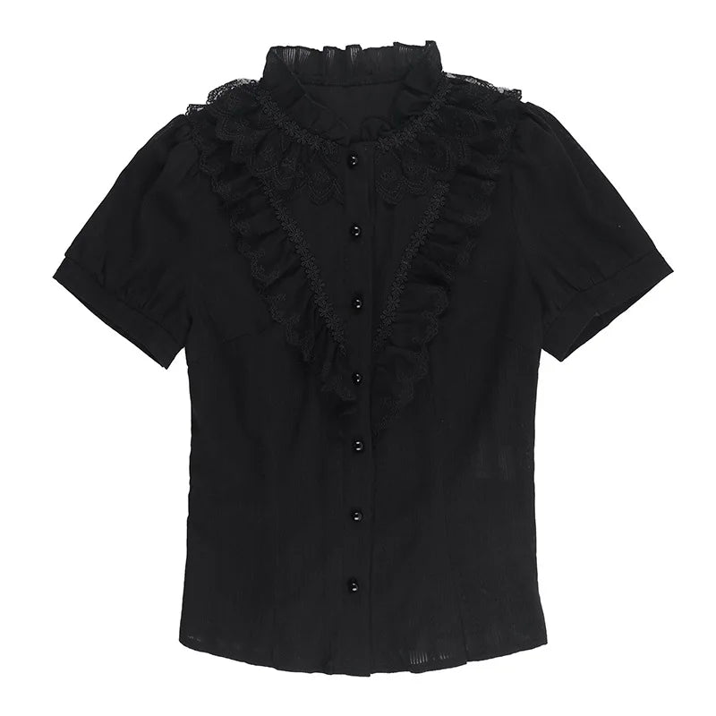 Sweet Lolita Cotton Shirts Women Vintage Gothic Black White Jacquard Short Sleeve Blouses Elegant Office Lady Y2k Tops