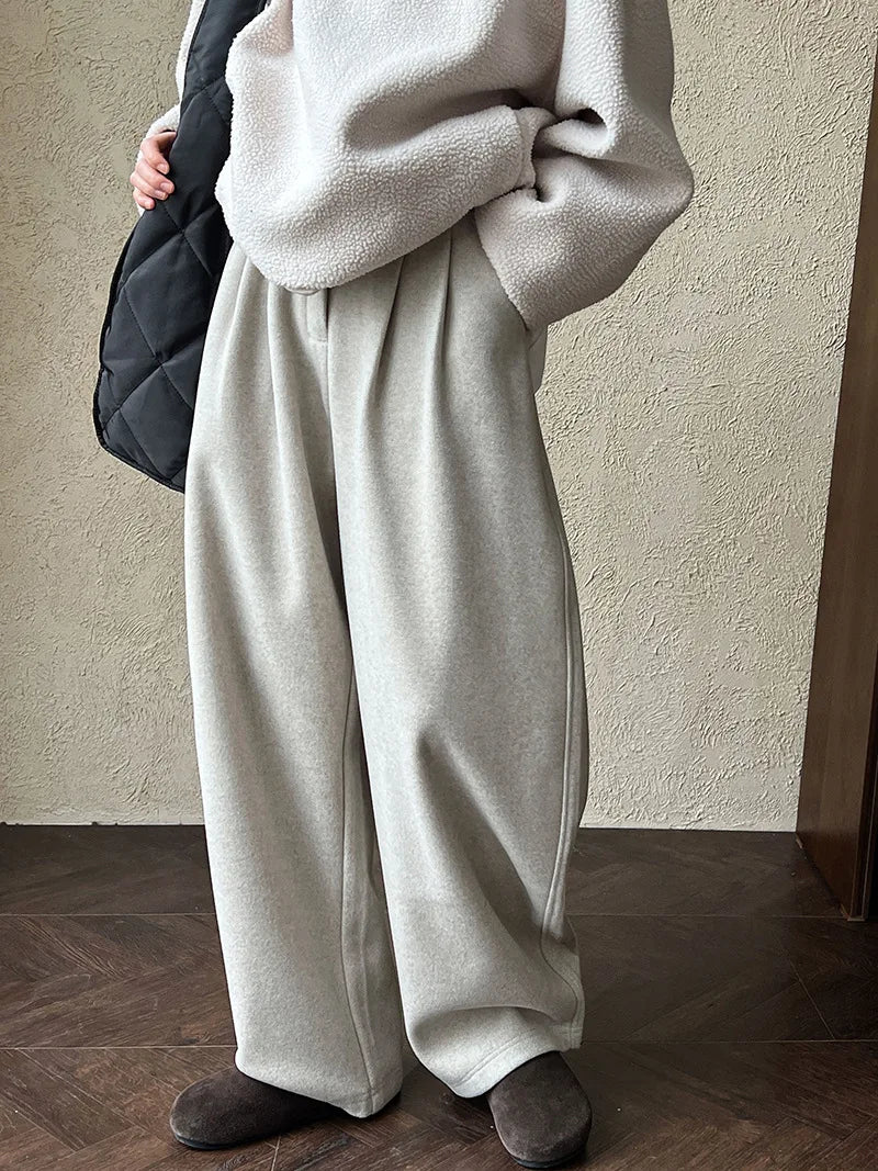 2025 Women Winter Autumn Thick Pants High Waist Wide Leg Warm Woolen Pants Fashion Clothes Vintage Pants Female Trousers