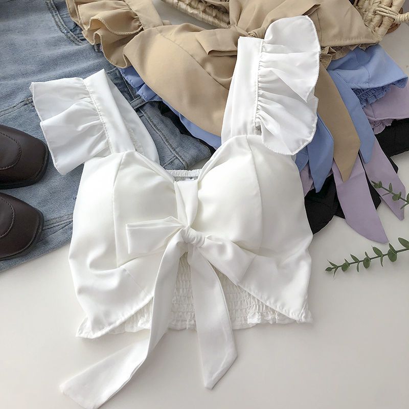 Crop Tops Camis Women Ruffles Sexy Elegant Simple Streetwear Vintage Summer Holiday Casual Young Aesthetic All-match Ulzzang New