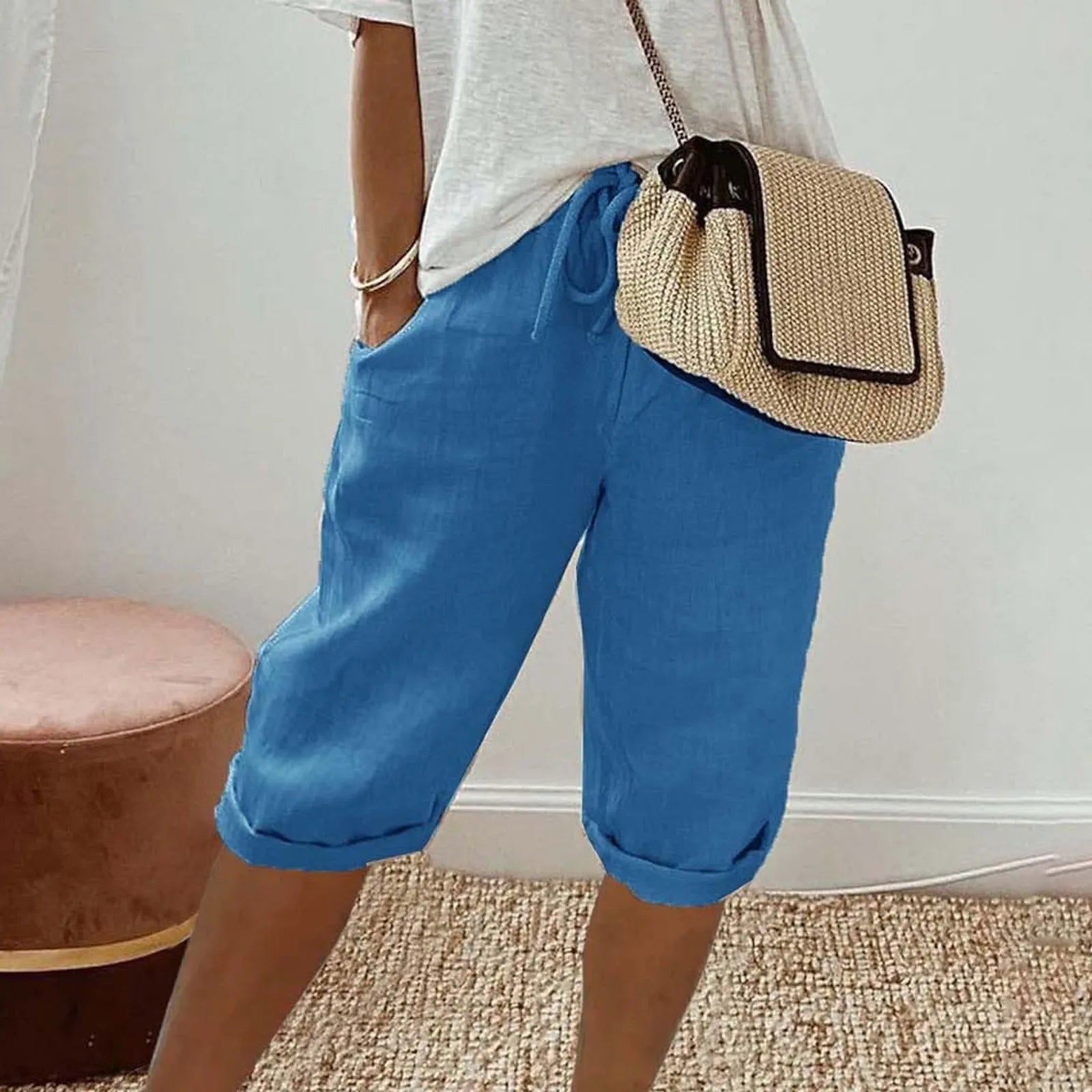Casual Cotton Linen Pants For Female Streetwear Solid Color Wide Leg Capri Versatile Palazzo Pants Baggy Cargo Pants With Pocket