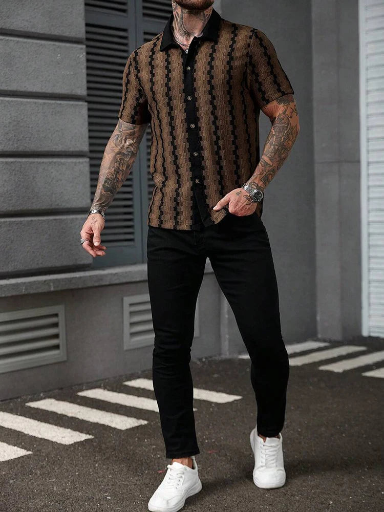 Classic Plaid Striped Knitting Shirt Short Sleeve Buttoned Turn-down Collar Mens Shirts Summer Vintage Slim Fit Knitted Cardigan