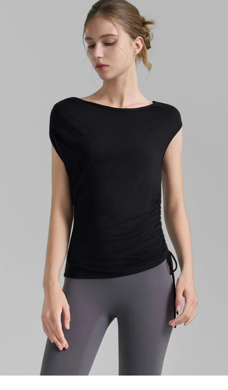 Sleeveless Pleated Cover Shirt with Drawstring, Tight Waist, High-end Feeling, Breathable and Slimming Sports T-shirt