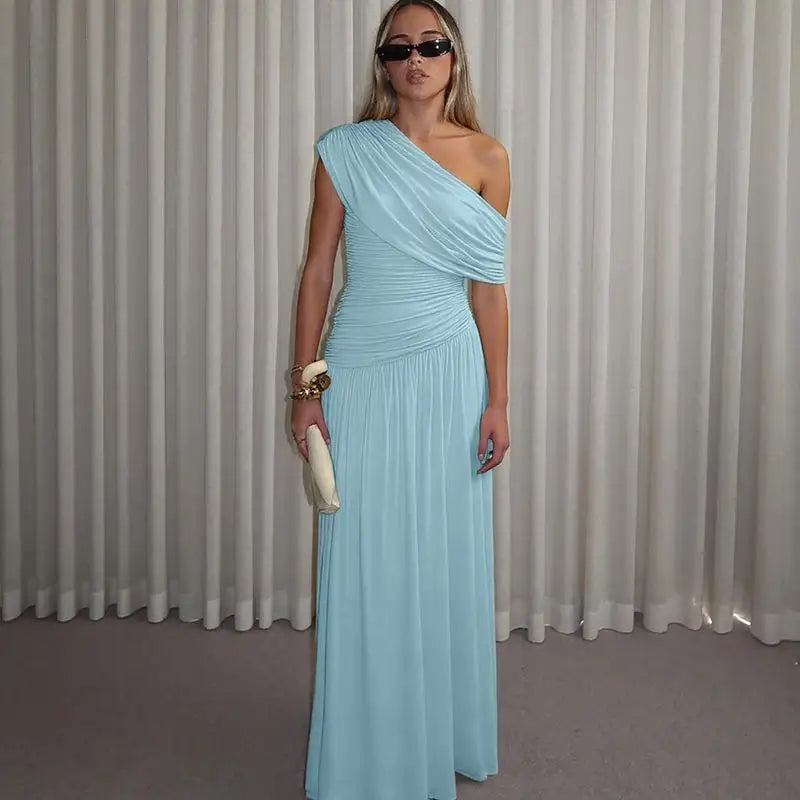 Seductive Dress Fashionable One-Shoulder Ruched Dress Minimalist Solid Asymmetrical Dress Irregular Hemline Wholesaler Gown