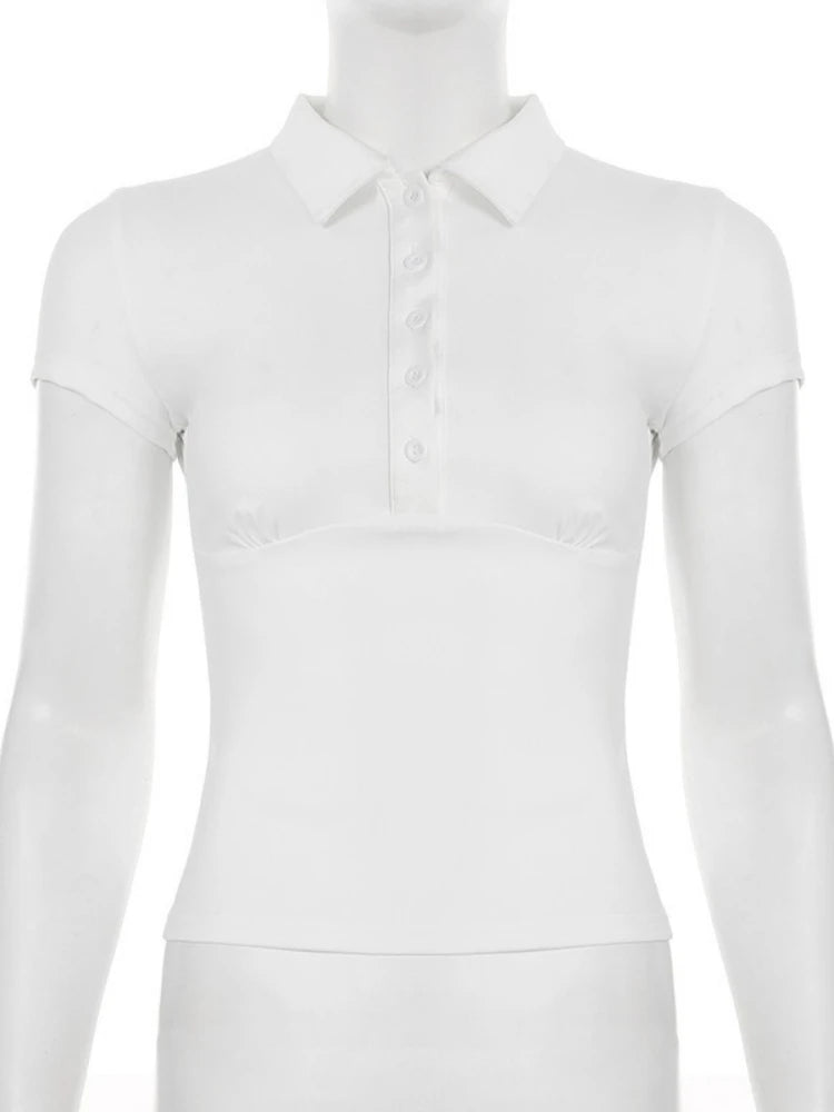 Turn-down Collar T Shirts For Women Streetwear Short Sleeve Crop Top Y2k Clothes Buttons Tshirt Solid Camisetas Slim Ropa Mujer