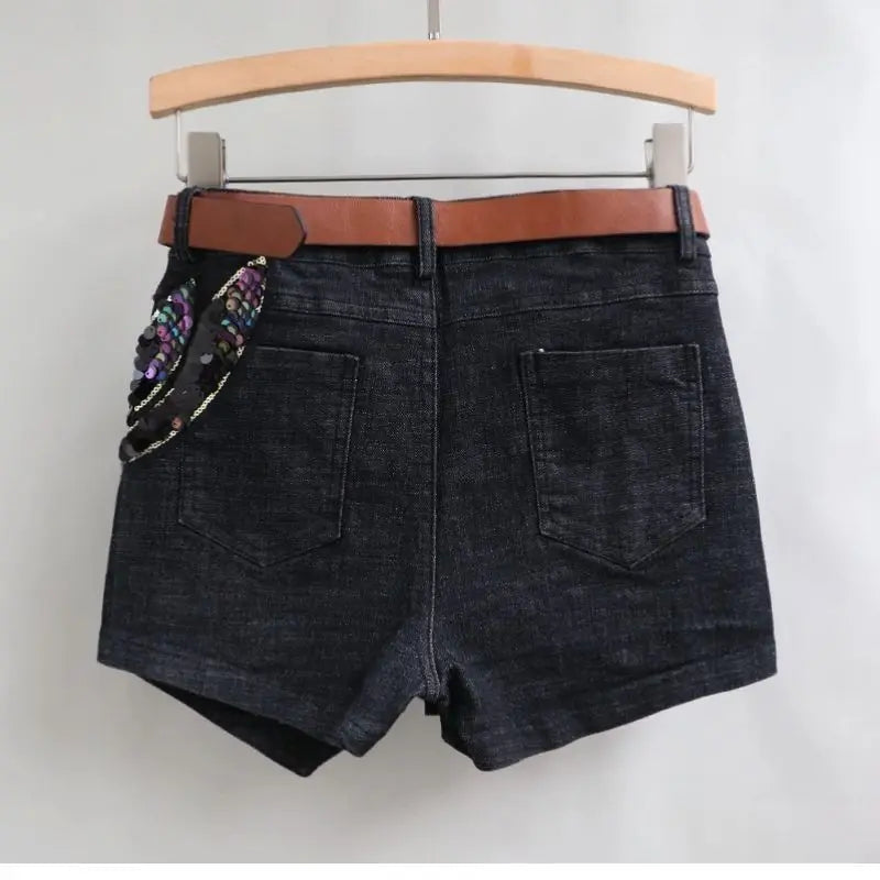 Fashion Sequin Denim Short Skirt Women Spring/Summer 2025 New Korean High Waist Slim Irregular Sexy Hot Pants White Black Casual