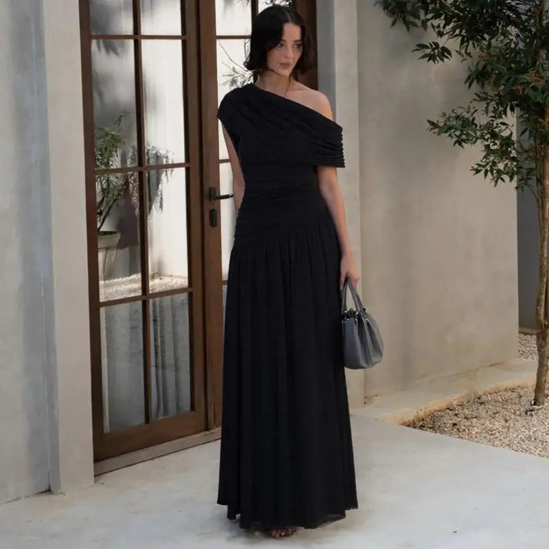 Seductive Dress Fashionable One-Shoulder Ruched Dress Minimalist Solid Asymmetrical Dress Irregular Hemline Wholesaler Gown