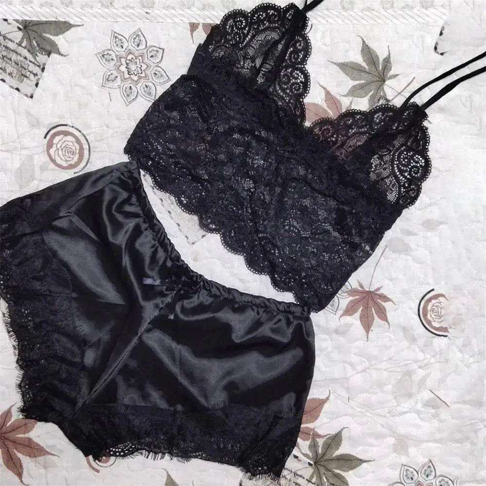 Women Pajamas Set Sexy Satin Lace Sleepwear Lingerie Ladies Elastic Suspender Shorts Nightwear Suits Sleeveless Underwear Tops