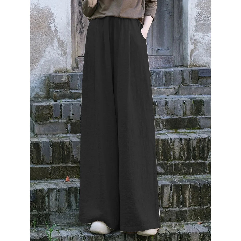 Linen Wide Leg Pants Women Casual Bohemian Loose Flowy Palazzo Pants Summer Spring