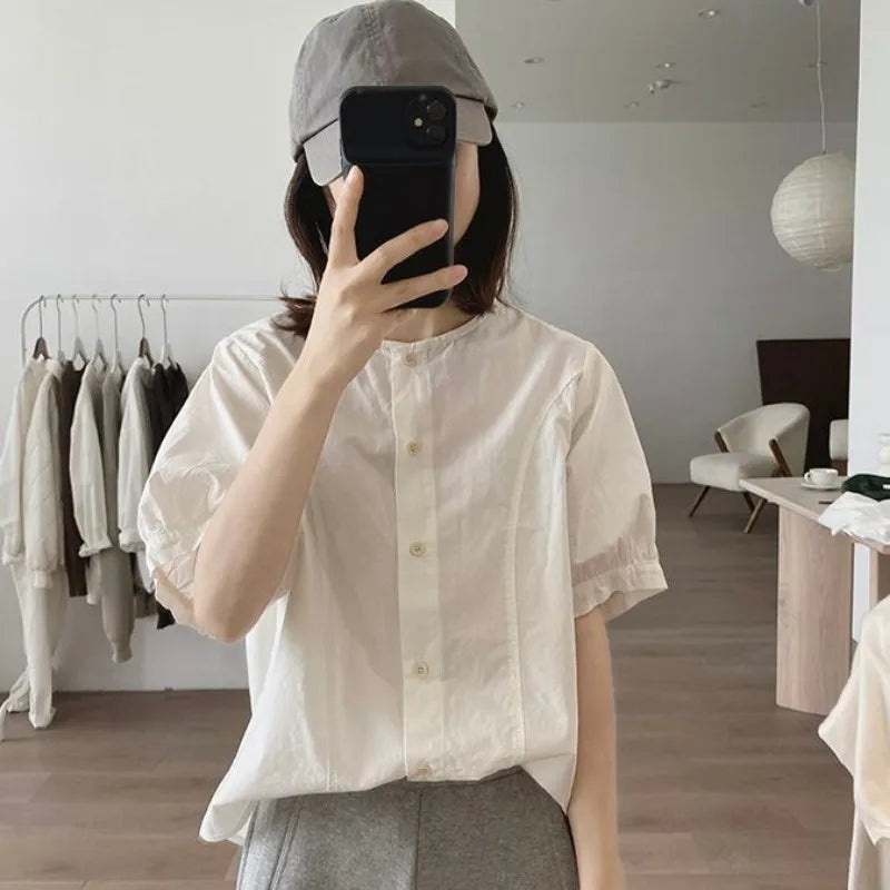 Women Round Neck Blouse Short Sleeve Button Down Loose Casual Solid Color Summer Shirt