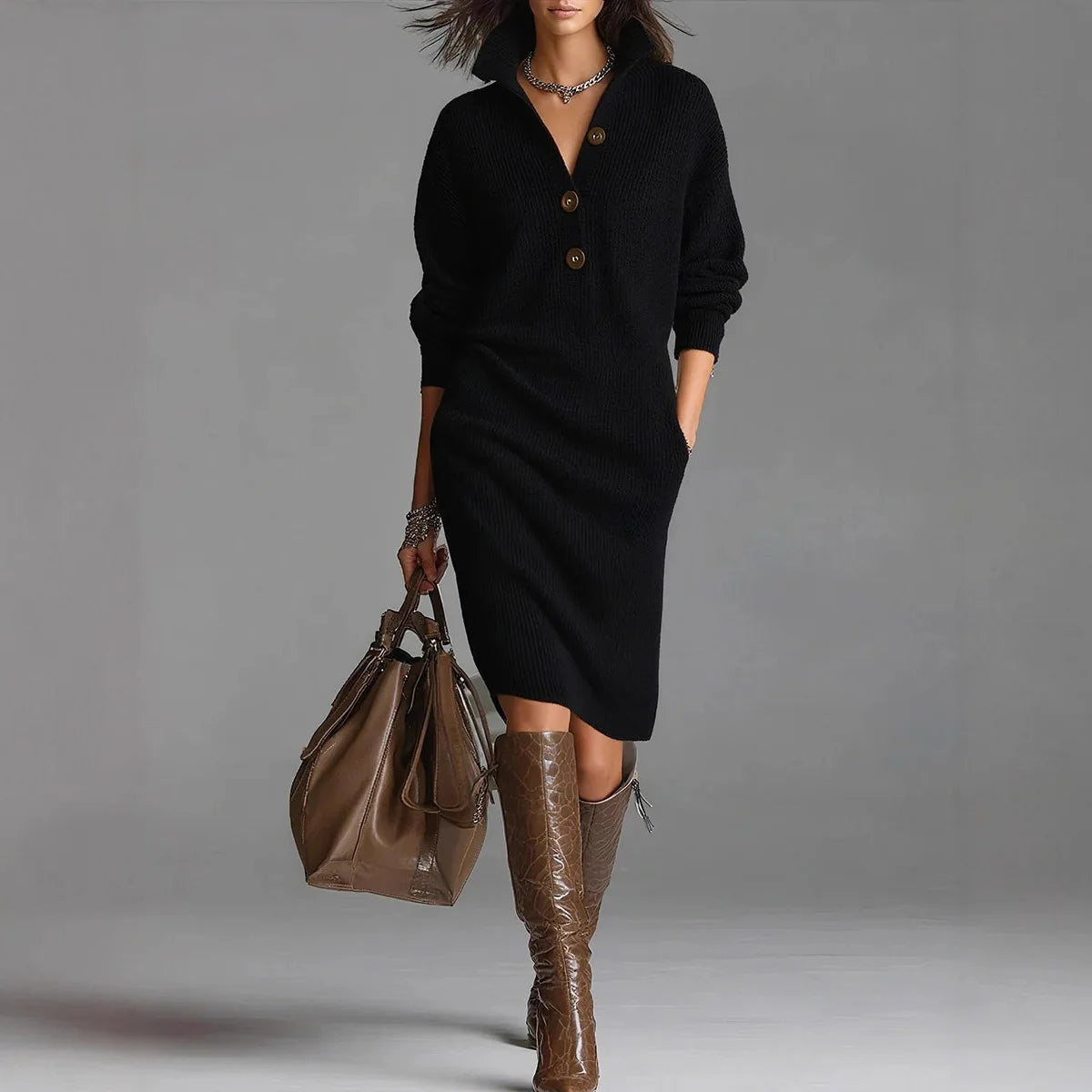 Sweater Knitted Dress Fashion Autumn Winter Casual Knitted Vestidos Single Breasted Turtleneck Robe Femme Fashion Maxi Dresses