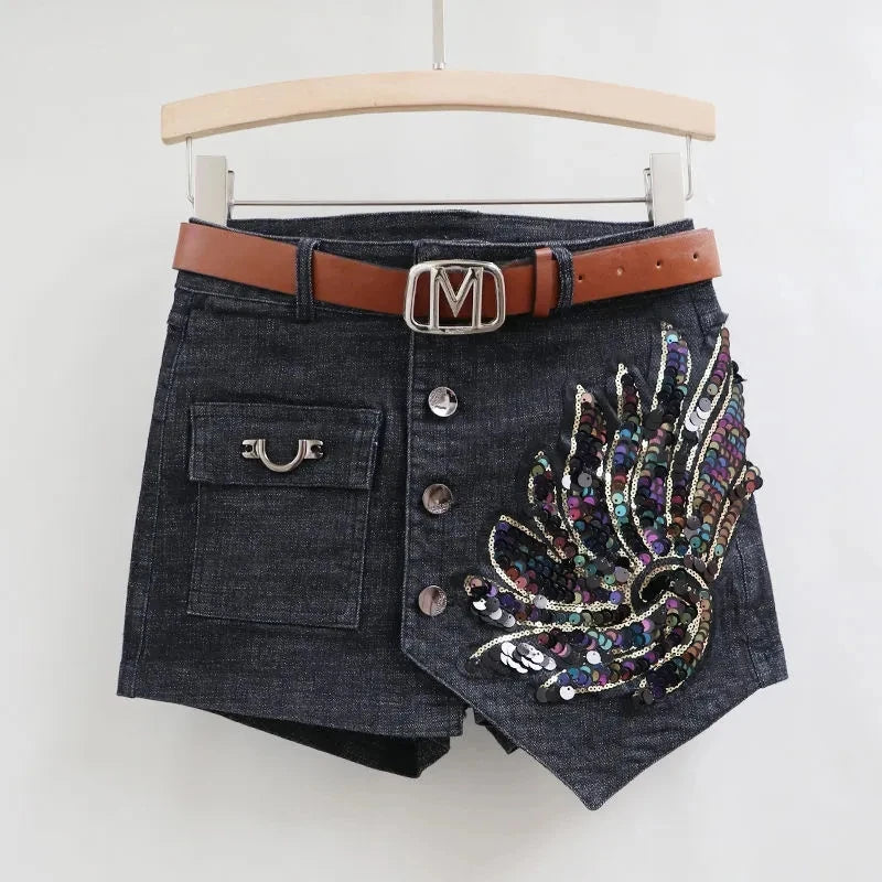 Fashion Sequin Denim Short Skirt Women Spring/Summer 2025 New Korean High Waist Slim Irregular Sexy Hot Pants White Black Casual