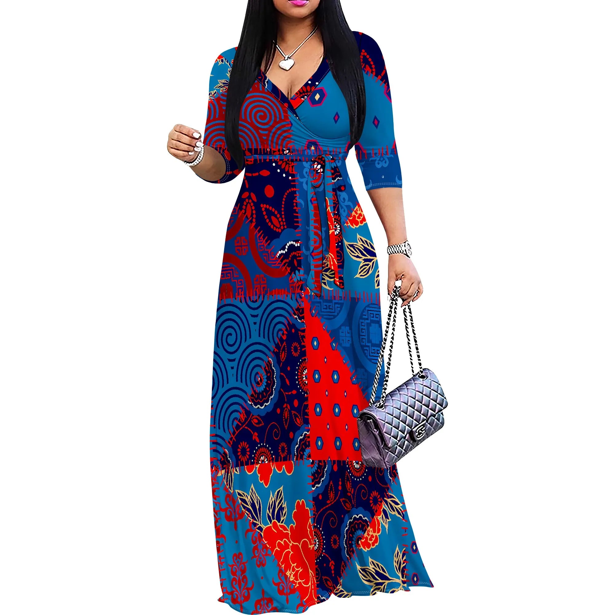 Plus Size Dresses for Women Print Maxi Dresses Flowy 3/4 Sleeve with Belt