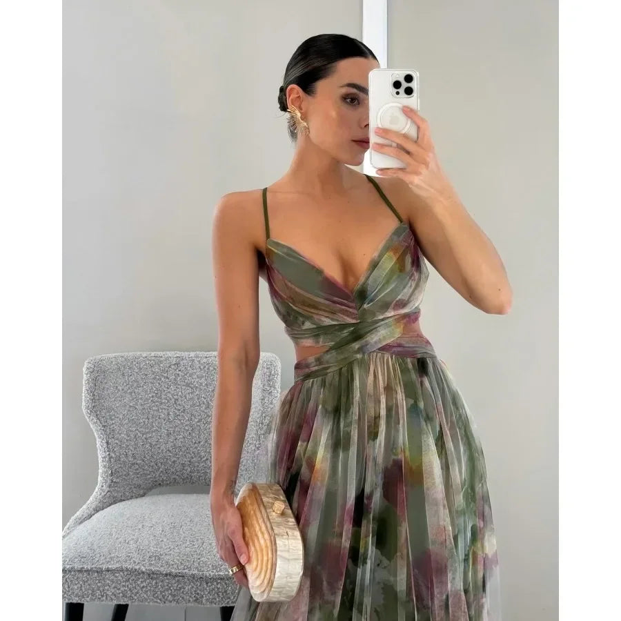 Women‘s Fashion Spring Autumn New Mesh Floral Print Beautiful Party Dress ladies Halter Dress INS Holiday Casual Long Dress