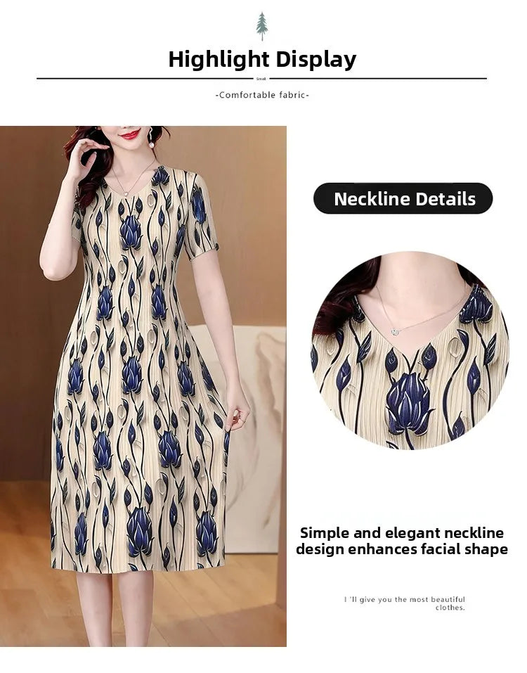 Elegant Pleated Maxi Dress for Women Summer Fashion High Waist A-Line Skirt Short Sleeve round Neck Iron-Free Business Wear