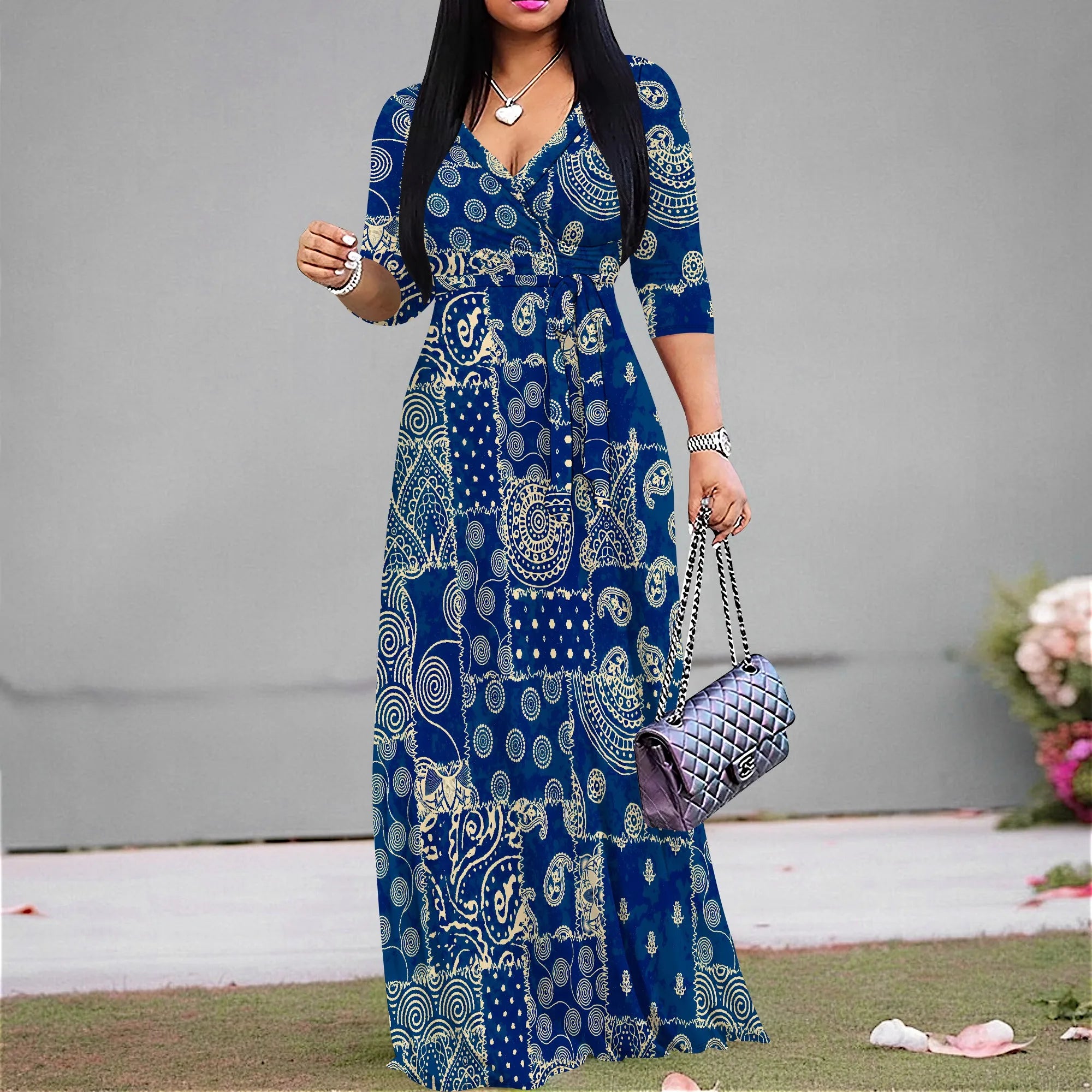 Plus Size Dresses for Women Print Maxi Dresses Flowy 3/4 Sleeve with Belt