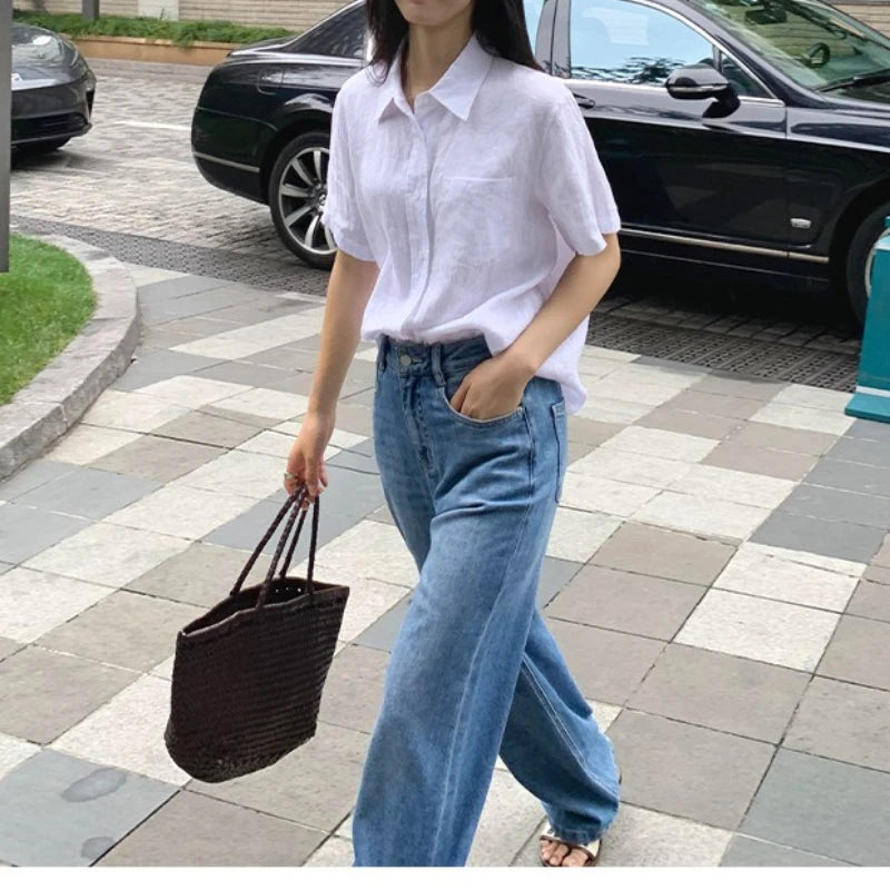 Linen Short-sleeved Shirt Women&