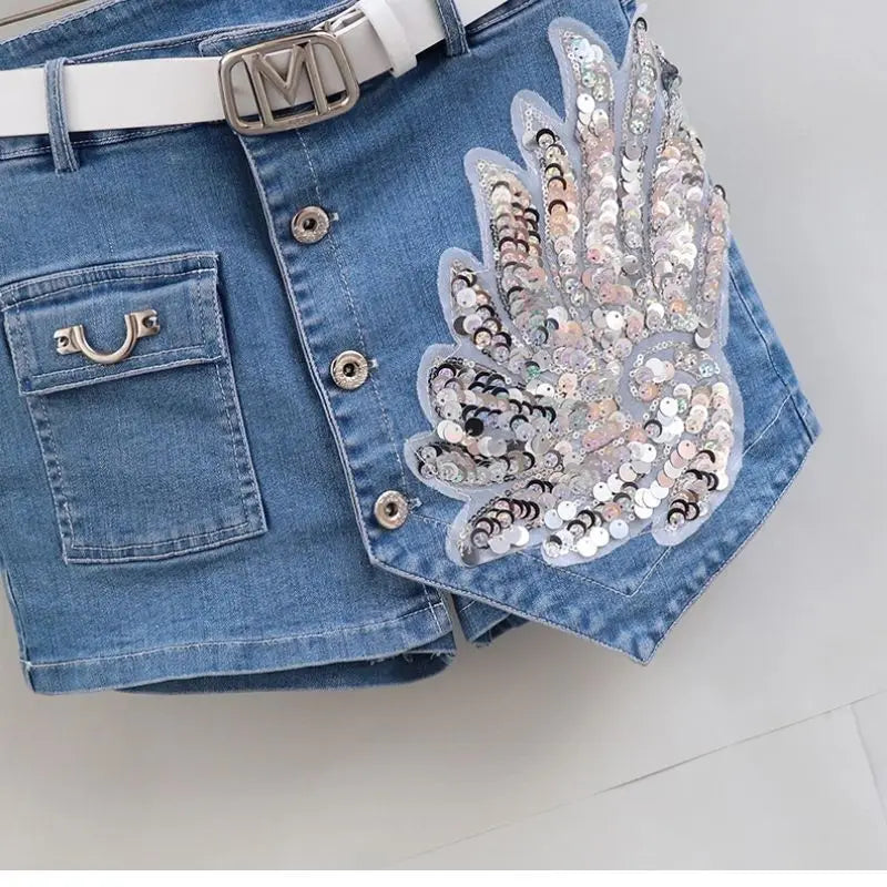 Fashion Sequin Denim Short Skirt Women Spring/Summer 2025 New Korean High Waist Slim Irregular Sexy Hot Pants White Black Casual