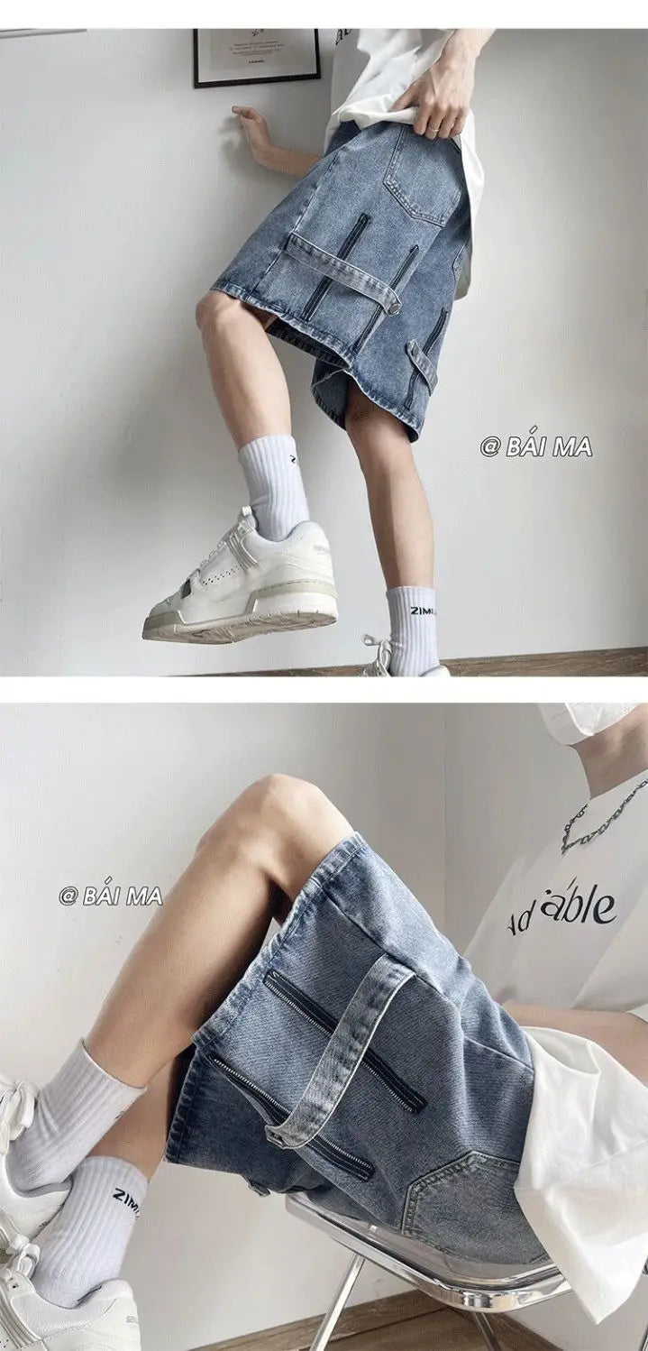 Denim Shorts Wear Five-point Summer Thin Style Trendy Street-fried Street-style Loose Straight Men&