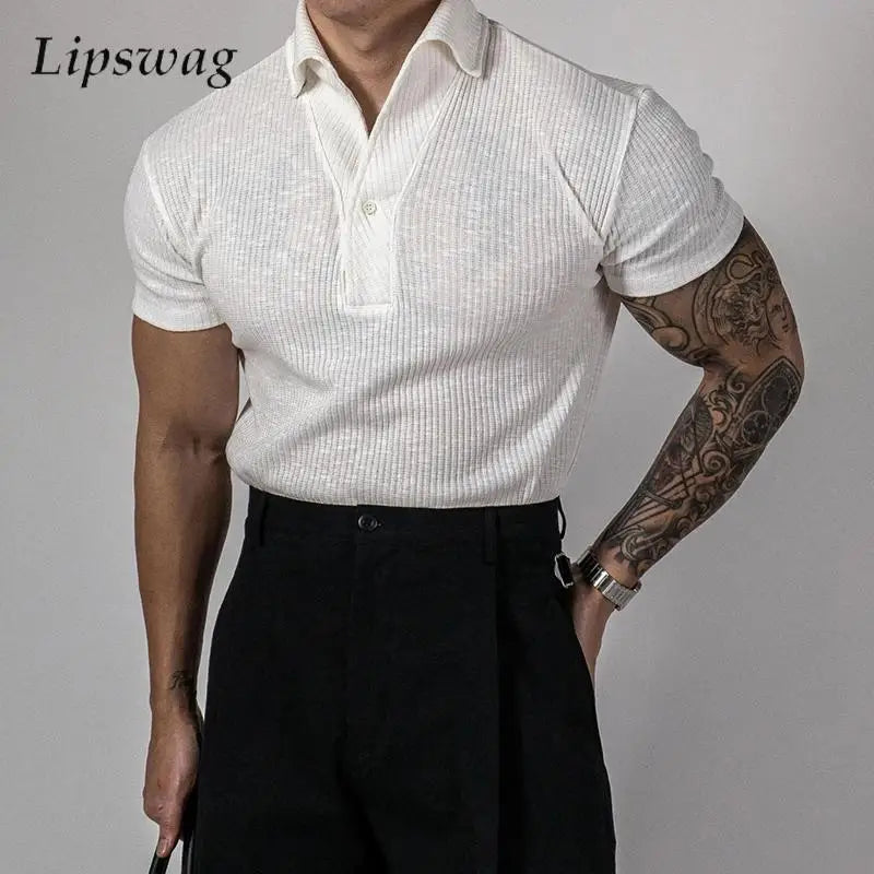 Trendy Ribbed Polo Shirts For Men Sports Fitness Muscle Short Sleeve Slim Stretch Tops Casual Pure Color Lapel Polo Mens T Shirt