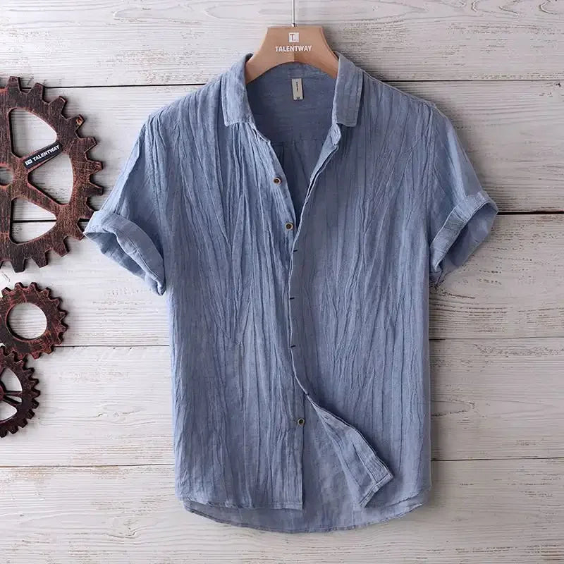 Linen Short Sleeved Shirt for Men, Trendy Japanese Retro Solid Color Summer Thin Casual Loose Cool Shirt Top