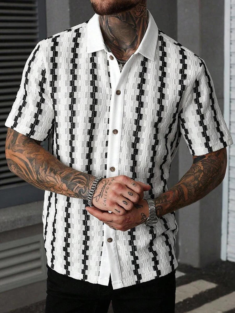 Classic Plaid Striped Knitting Shirt Short Sleeve Buttoned Turn-down Collar Mens Shirts Summer Vintage Slim Fit Knitted Cardigan