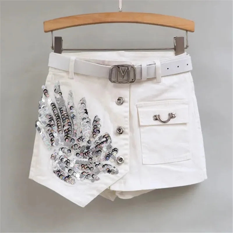 Fashion Sequin Denim Short Skirt Women Spring/Summer 2025 New Korean High Waist Slim Irregular Sexy Hot Pants White Black Casual