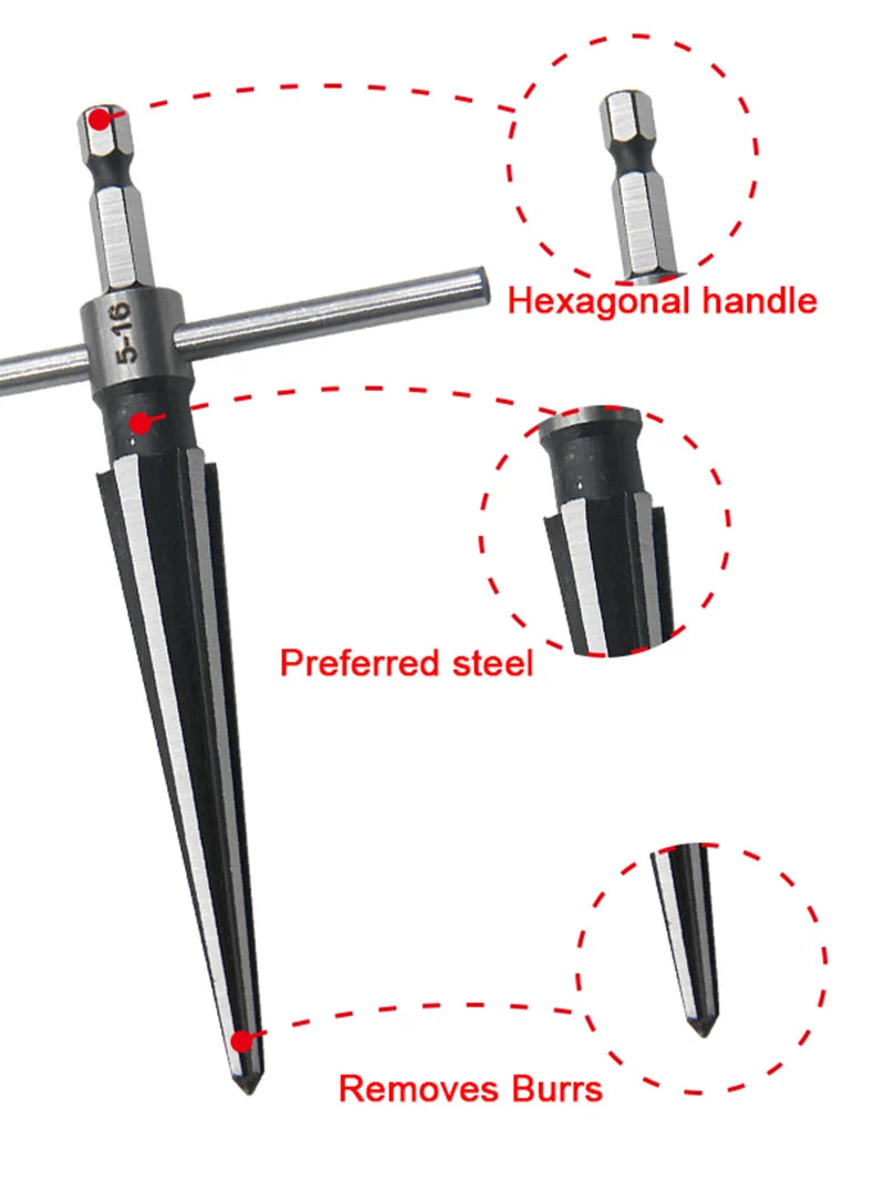 Woodwork Taper Reamer 3-13/5-16mm Wooden Board Electric Drill Hole Expanding Chamfer and Deburring Hexagonal Handle Cut Tool
