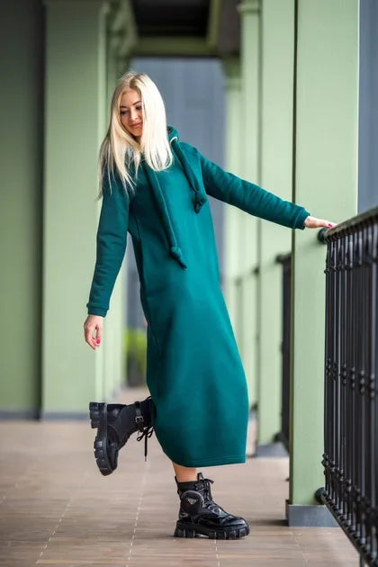 Women Fashion New Loose Large Knitted Hooded Autumn Winter Long Dress Velvet Hoodie Dress Casual Dress Splicing Warm Dress