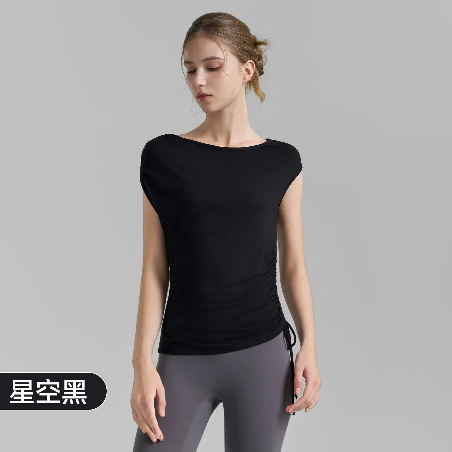 Sleeveless Pleated Cover Shirt with Drawstring, Tight Waist, High-end Feeling, Breathable and Slimming Sports T-shirt