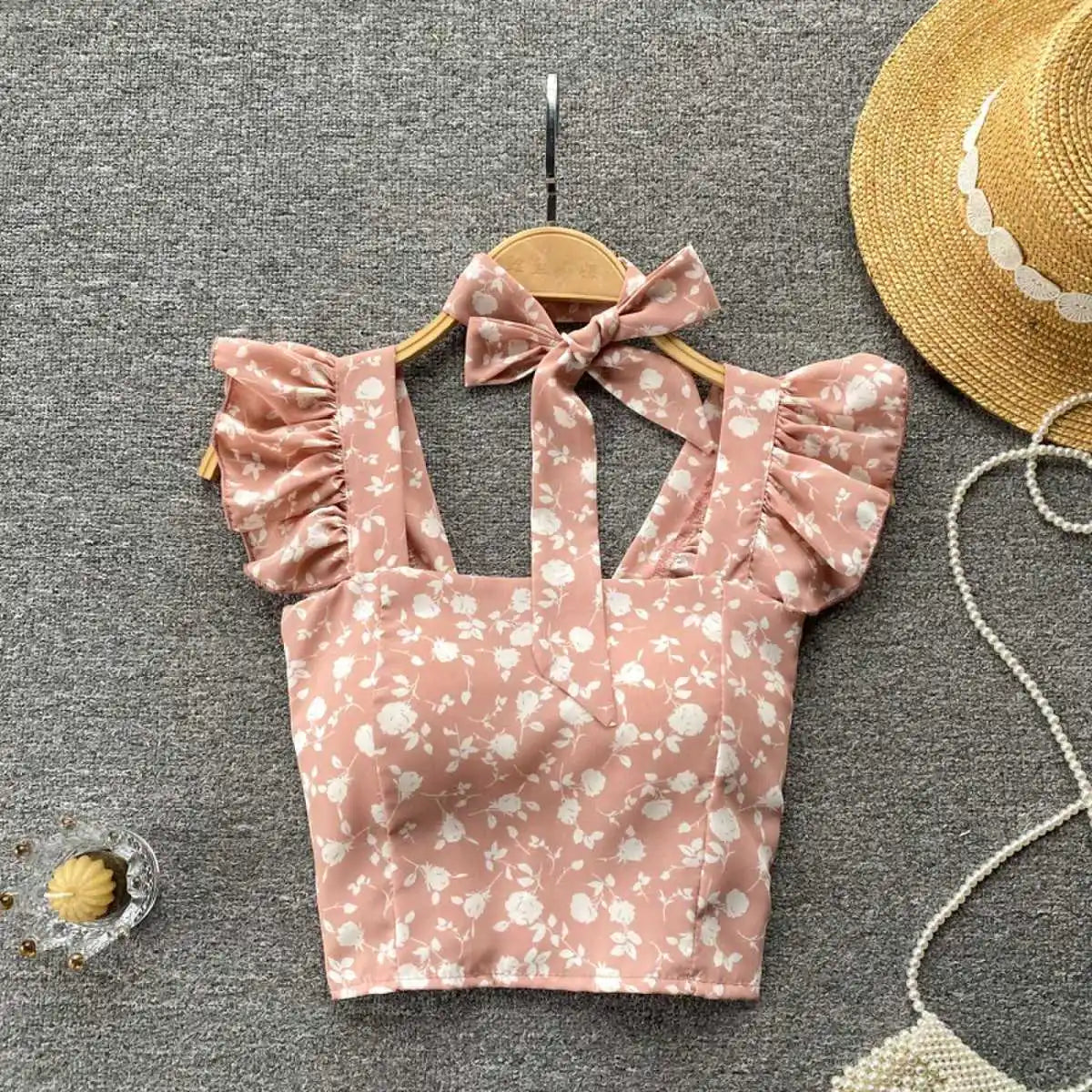Crop Tops Camis Women Ruffles Sexy Elegant Simple Streetwear Vintage Summer Holiday Casual Young Aesthetic All-match Ulzzang New