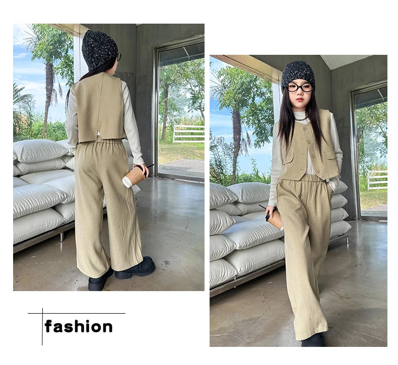 Design junior girls clothes set Round neck vest+cotton t-shirt+Wide leg pants 3pcs teenage kids clothing suit chidren outfits 14