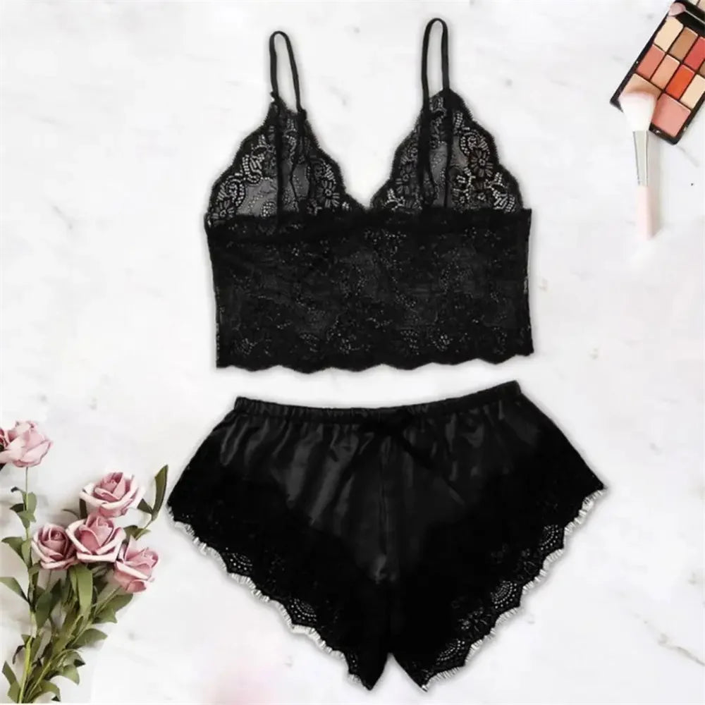 Women Pajamas Set Sexy Satin Lace Sleepwear Lingerie Ladies Elastic Suspender Shorts Nightwear Suits Sleeveless Underwear Tops