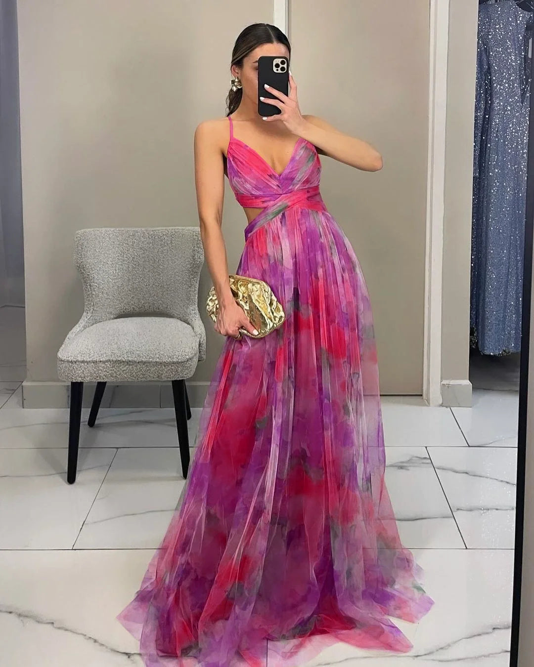 Women‘s Fashion Spring Autumn New Mesh Floral Print Beautiful Party Dress ladies Halter Dress INS Holiday Casual Long Dress