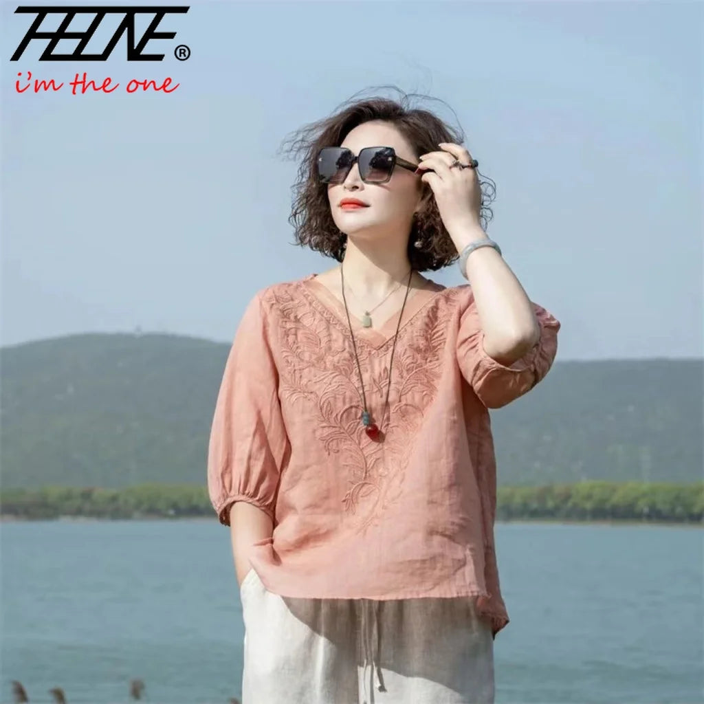 Fashion Woman Blouse 2023 Cotton Linen Casual Blusa Mujer Camisas Women&