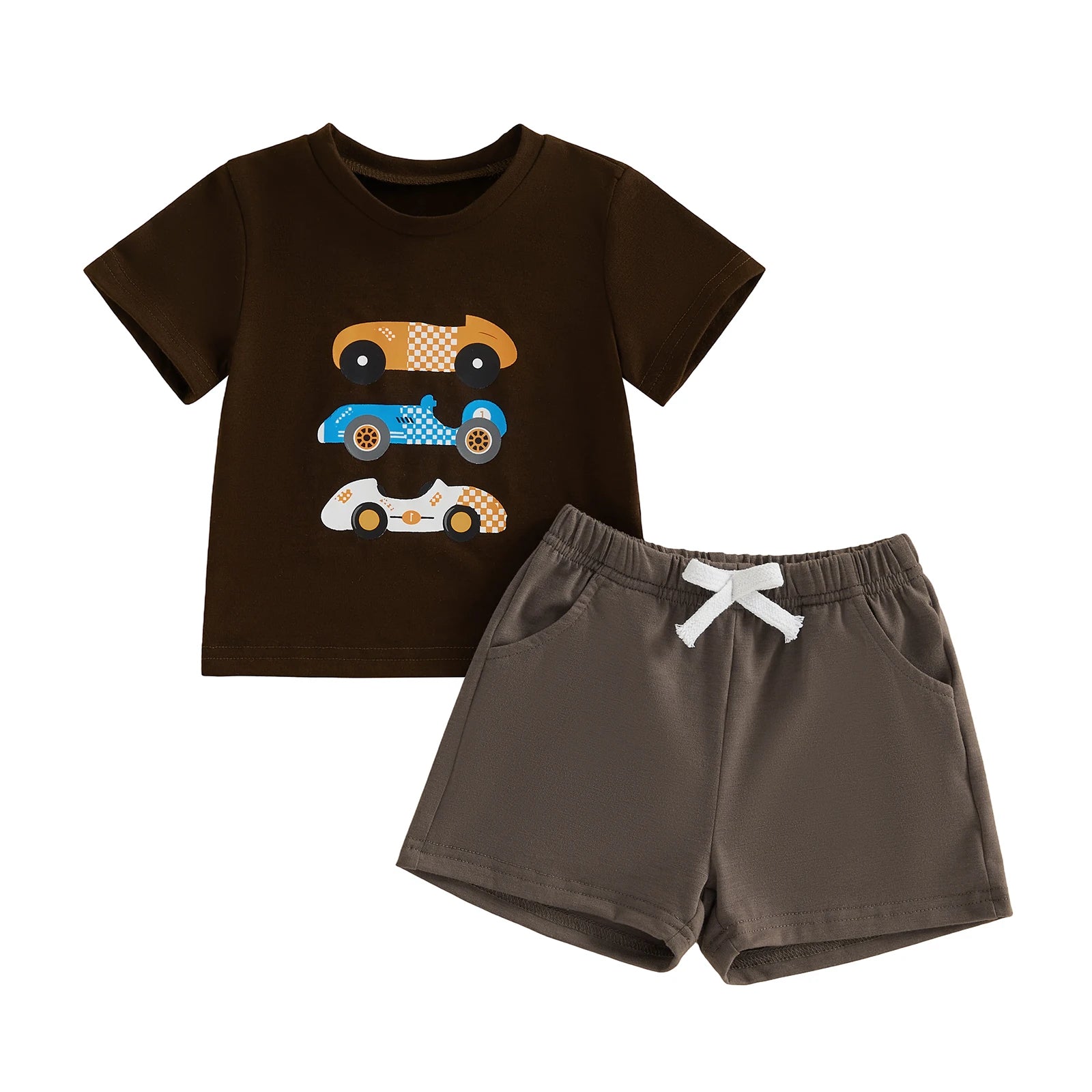 Kids Boys Summer Clothing Sets Short Sleeve O Neck Race Car Print T-shirts Tops and Solid Color Shorts Casual Tracksuits