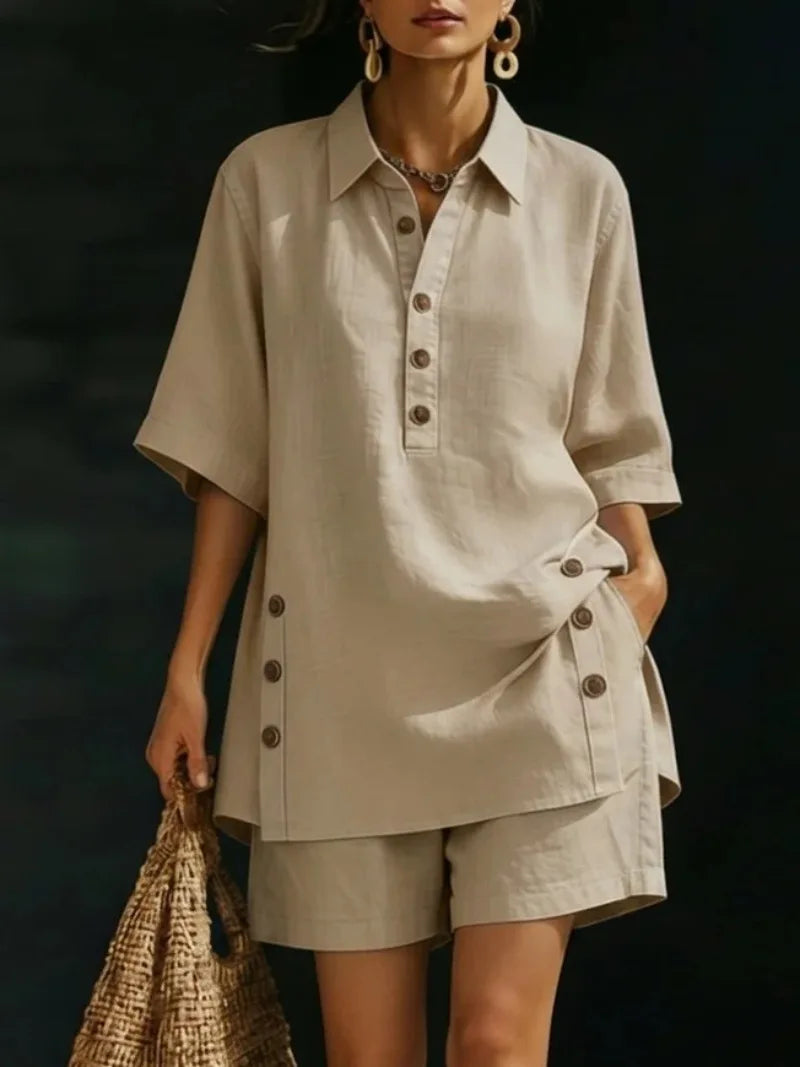 casual loose button shirts shorts two piece sets women fashion half sleeve spllit shirts suits summer elegant shorts outfits