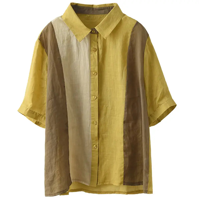 Cotton and Linen Shirt for Women Fashionable and Versatile Cardigan Lapel Top Thin Blouse Patchwork Casual Chic Female Clothes