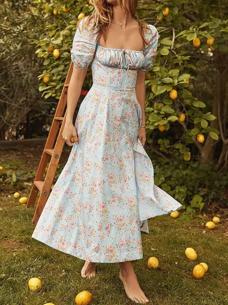 2025 New Fashion Women Floral Print Elegant A Line Long Dresses Casual Spring Summer Chic Party Maxi Dress Robe Femme
