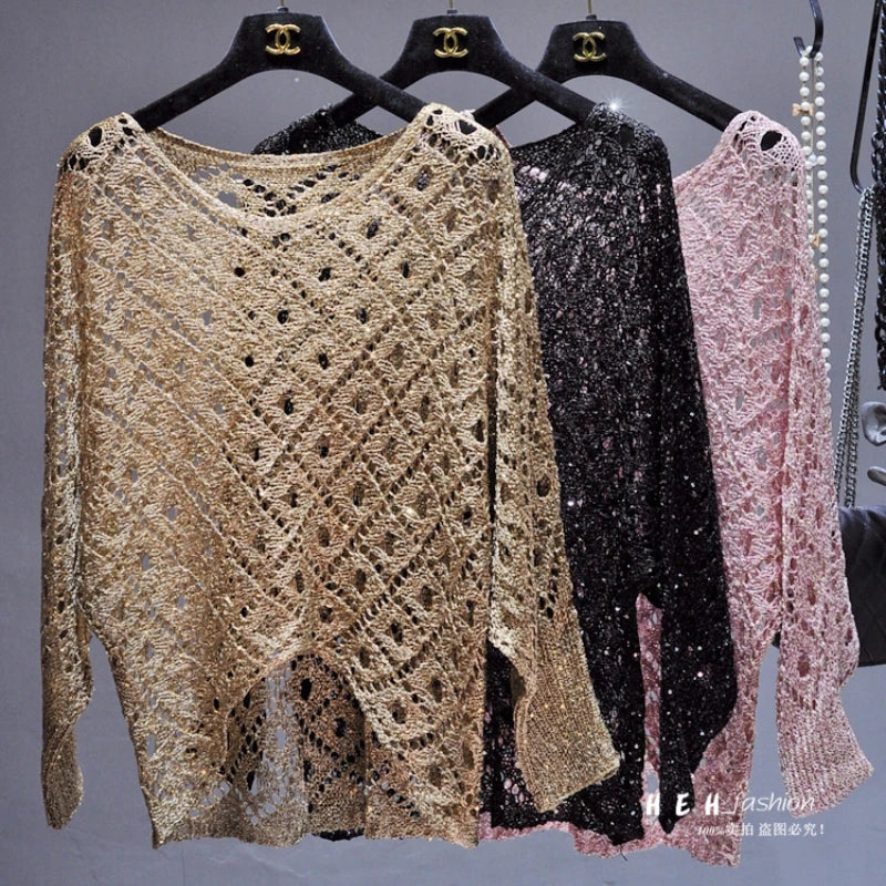 Fall Clothes for Women 2024 Fashion Sexy Sequins Hollow Out Loose Gold Bright Silk Gown Bats Long-sleeved Round Collar Knitting