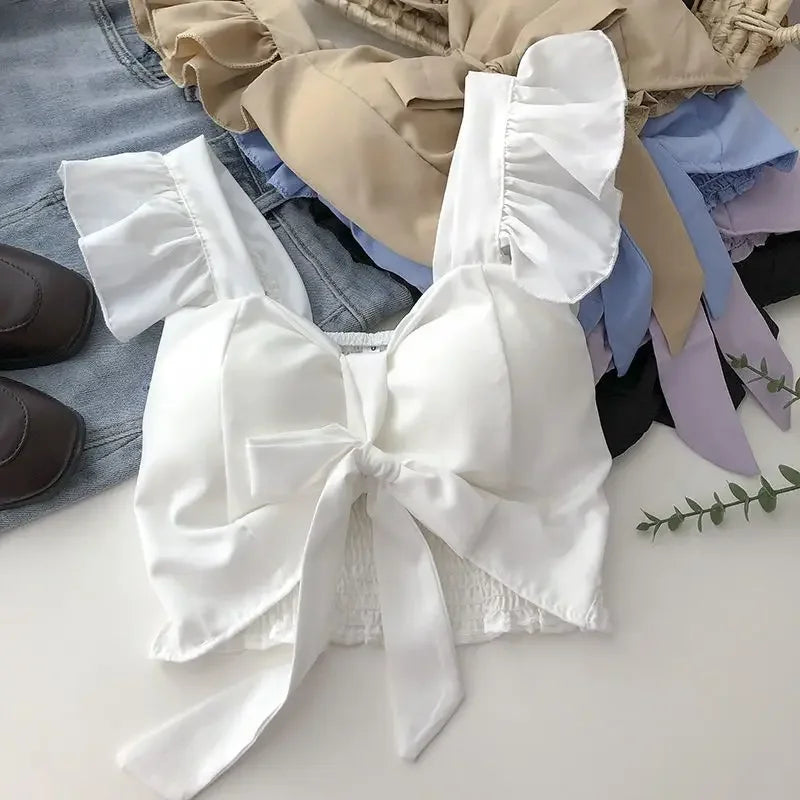 Crop Tops Camis Women Ruffles Sexy Elegant Simple Streetwear Vintage Summer Holiday Casual Young Aesthetic All-match Ulzzang New